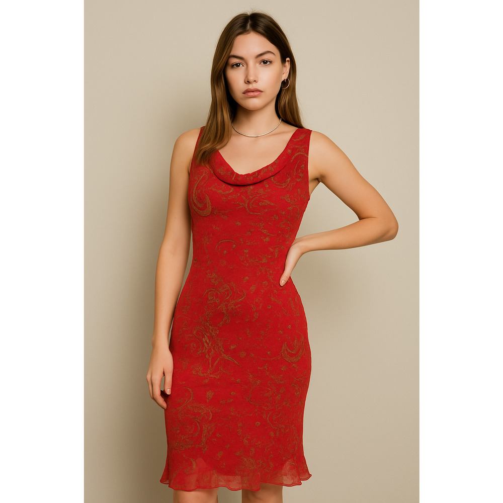 Vintage 90's Y2k B. Darlin Red Floral Paisley Sleeveless Midi Dress Read Size - Picture 16 of 16
